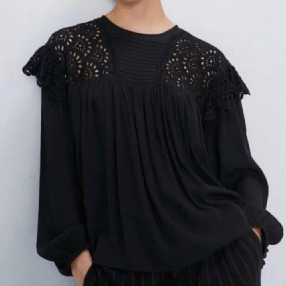 Zara Blouse Black Eyelet Long Sleeve Top Large